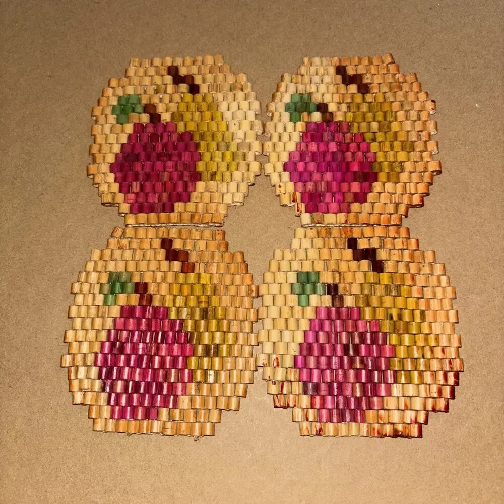 Vintage Bamboo Coasters Set Of 4 Fruit Apples Pears
